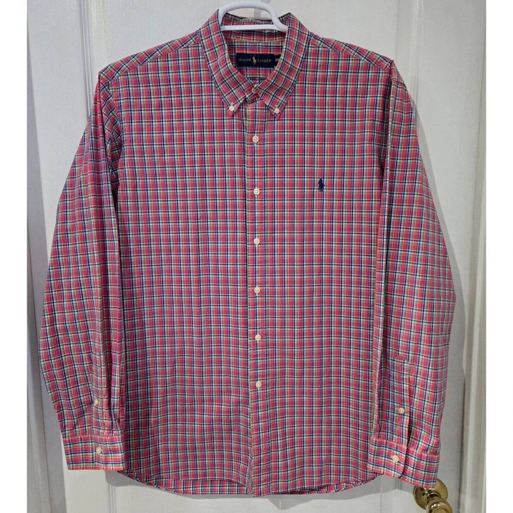 Polo Ralph Lauren Button Down Mens XXL Pink Plaid Cotton Long Sleeve
